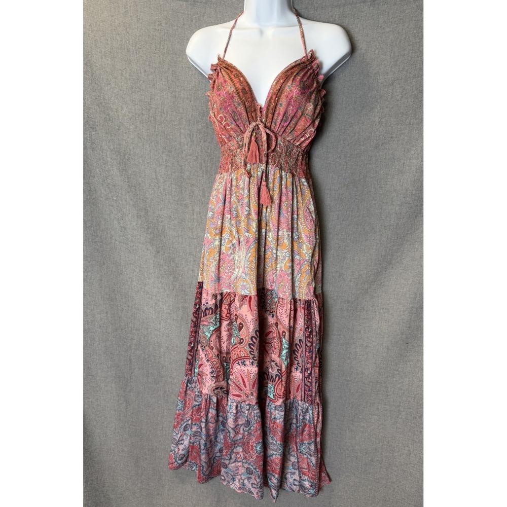 Karma Highway Paisley Halter Maxi Dress Pink Boho Tassel One Size Festival